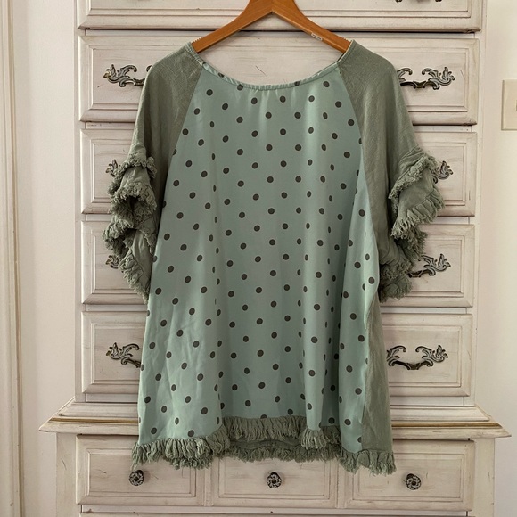 Umgee Tops - Umgee Sage Green Polka Dot Fringe Sleeve Tunic